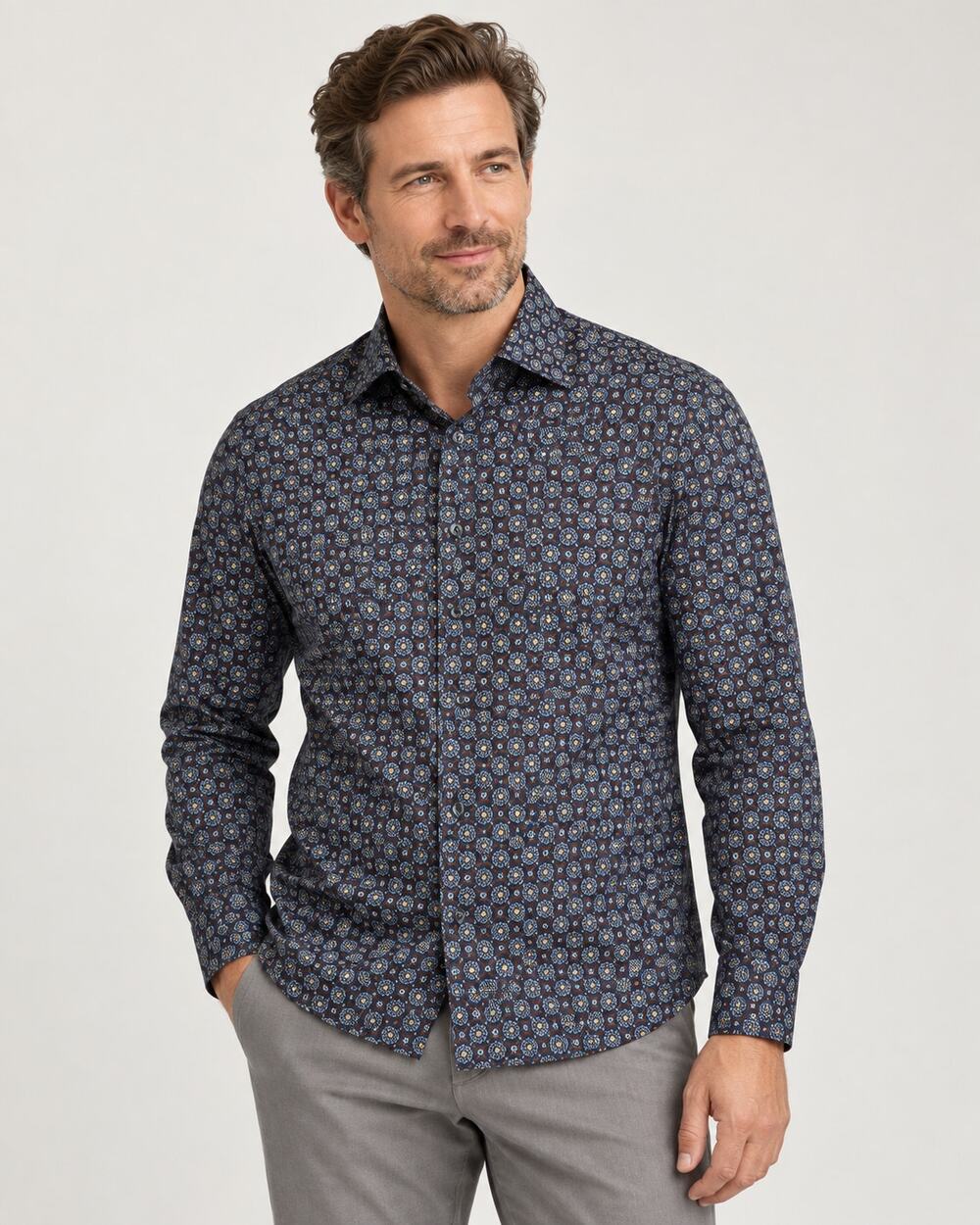 Eton Contemporary Men’s M 15.5 Navy Medallion Print Cotton Shirt